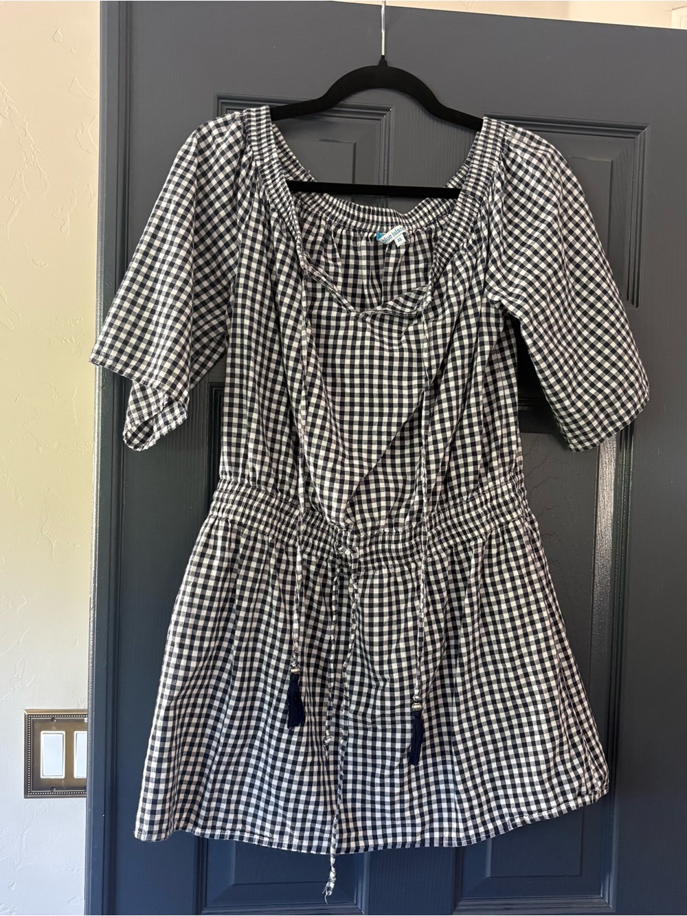 Black and White Gingham Tie-Waist Dress, off the shoulder